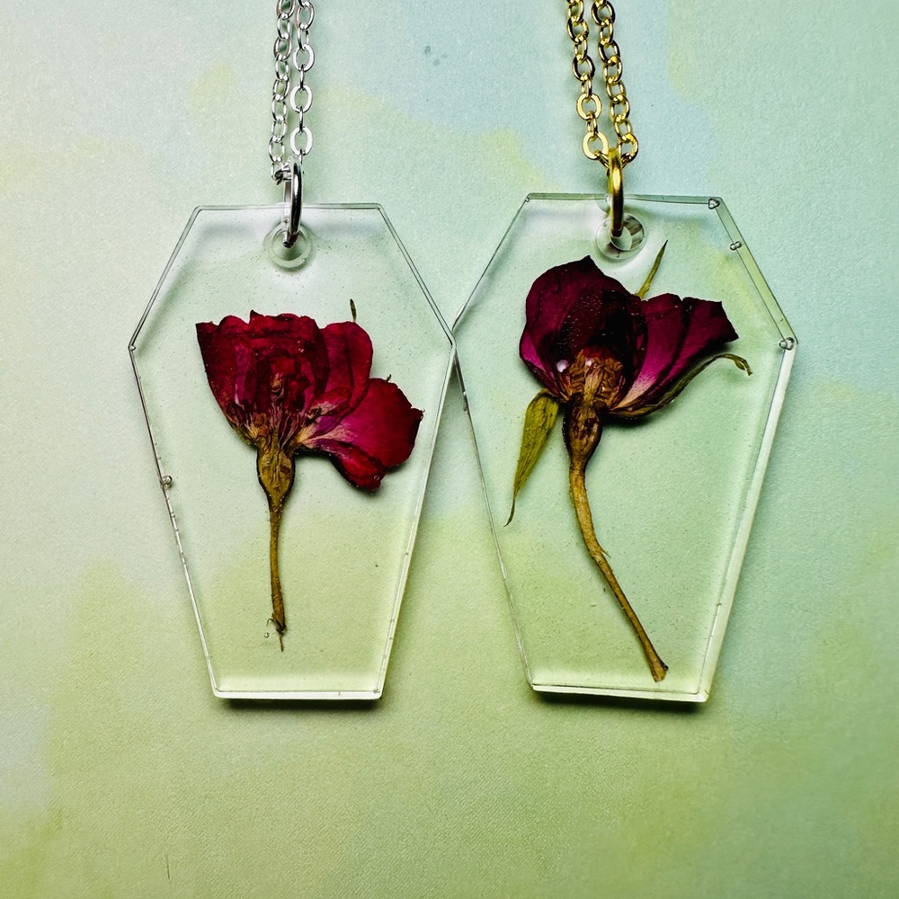Handmade Coffin Pressed Rose Flower Resin Necklace